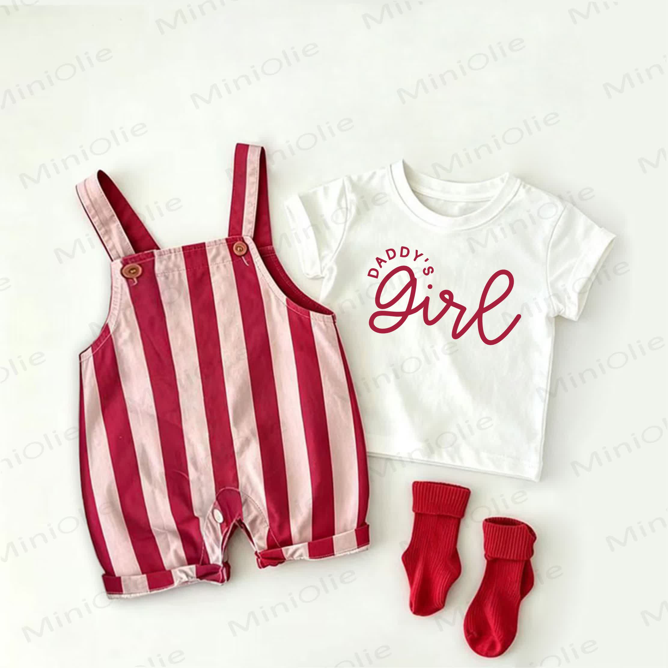 DADDY'S GIRL Baby Girls Slogan Red Stripe Overalls and White Tee 2-piece Set - White&Red - 2-3T - image 1
