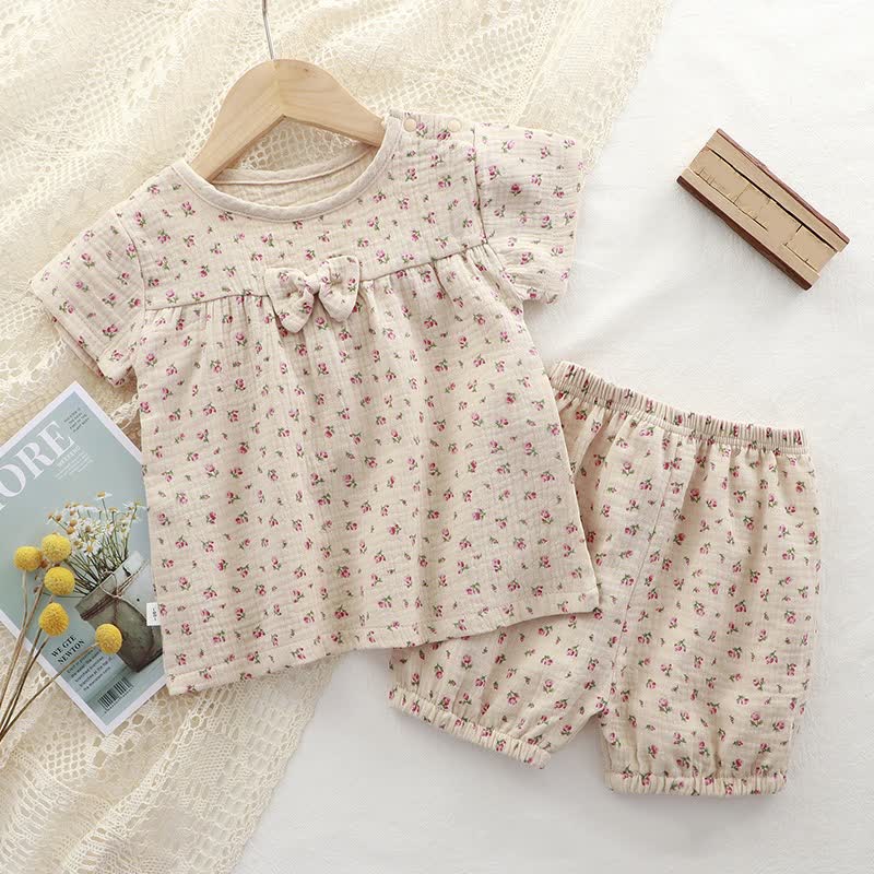 Toddler Girl Floral Print Tee and Shorts Pajamas 2-piece Set - Beige - 4-5T - image 4