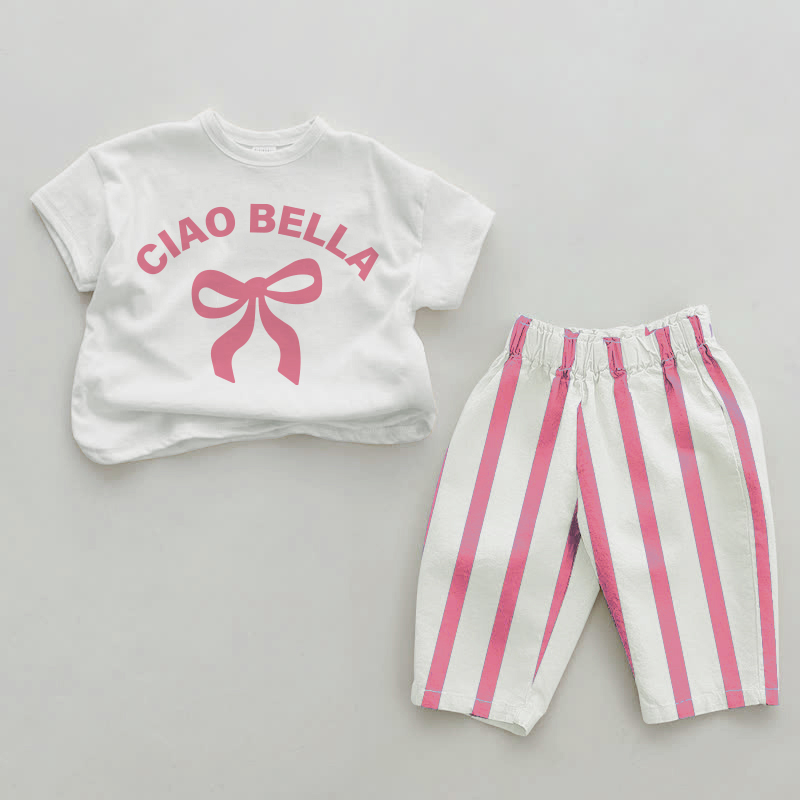 CIAO BELLA Baby Bowknot Pink Vertical Striped 2-piece Set - White&Pink - 2-3T - image 1