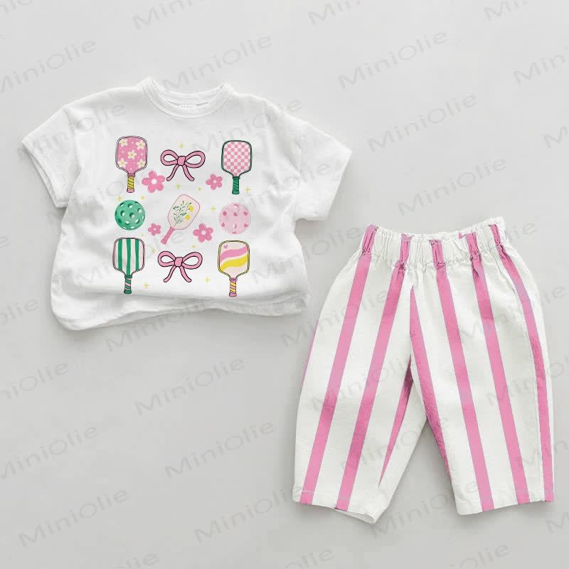 Baby Girls Pickleball Print Pink Vertical Striped 2-piece Set - White&Pink - 2-3T - image 1