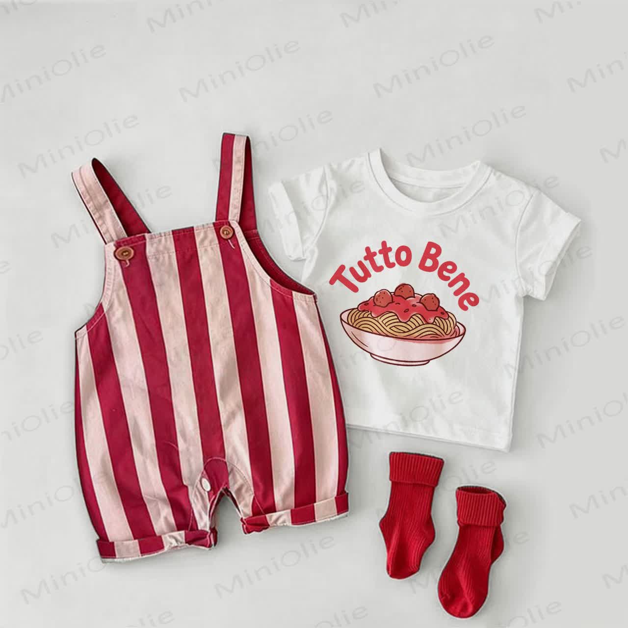 TUTTO BENE Baby Pasta Red Stripe Overalls and White Tee 2-piece Set - White&Red - 2-3T - image 1