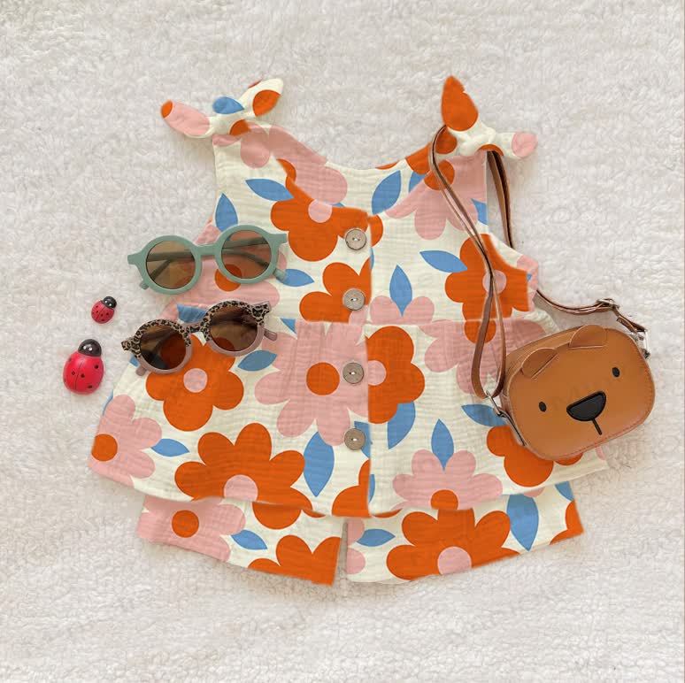 Baby Girl Cute Floral Print Suspenders 2-piece Set - Beige - 2-3T - image 1