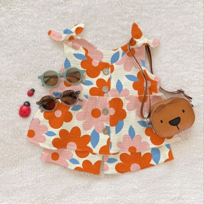 Baby Girl Cute Floral Print Suspenders 2-piece Set - Beige - 2-3T - image 1