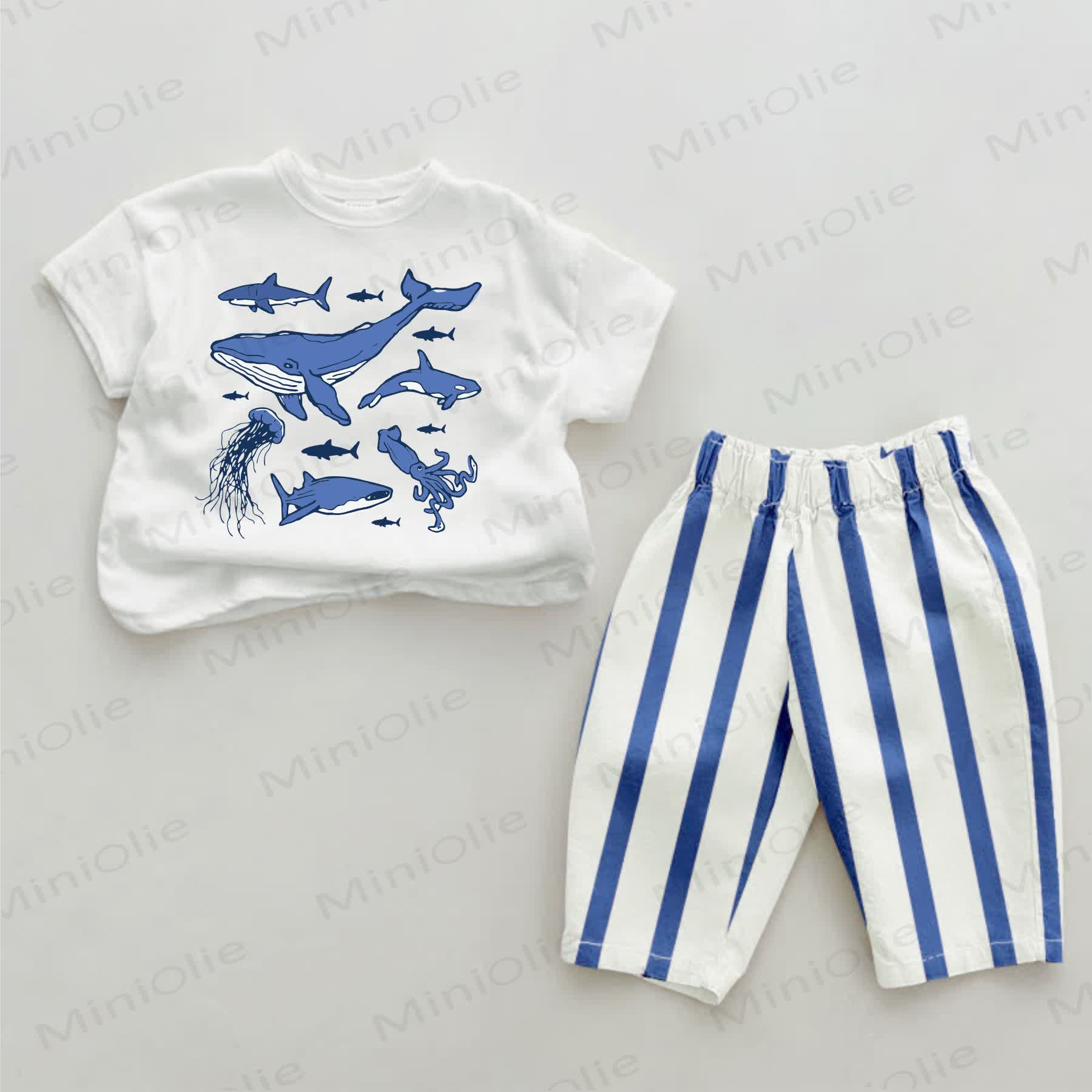 COOL Baby Marine Animals Blue Vertical Striped 2-piece Set - White&Blue - 2-3T - image 1