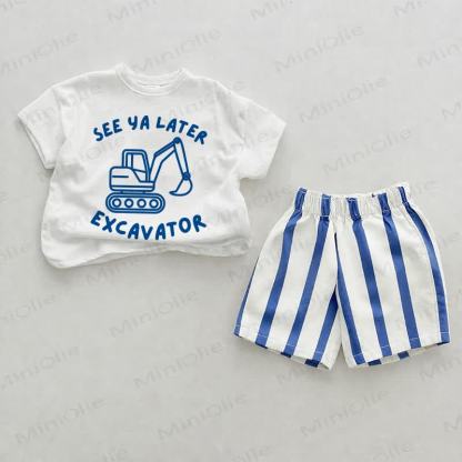 SEE YA LATER EXCAVATOR Baby Blue Vertical Striped 2-piece Shorts Set - White&Blue - 2-3T - image 1