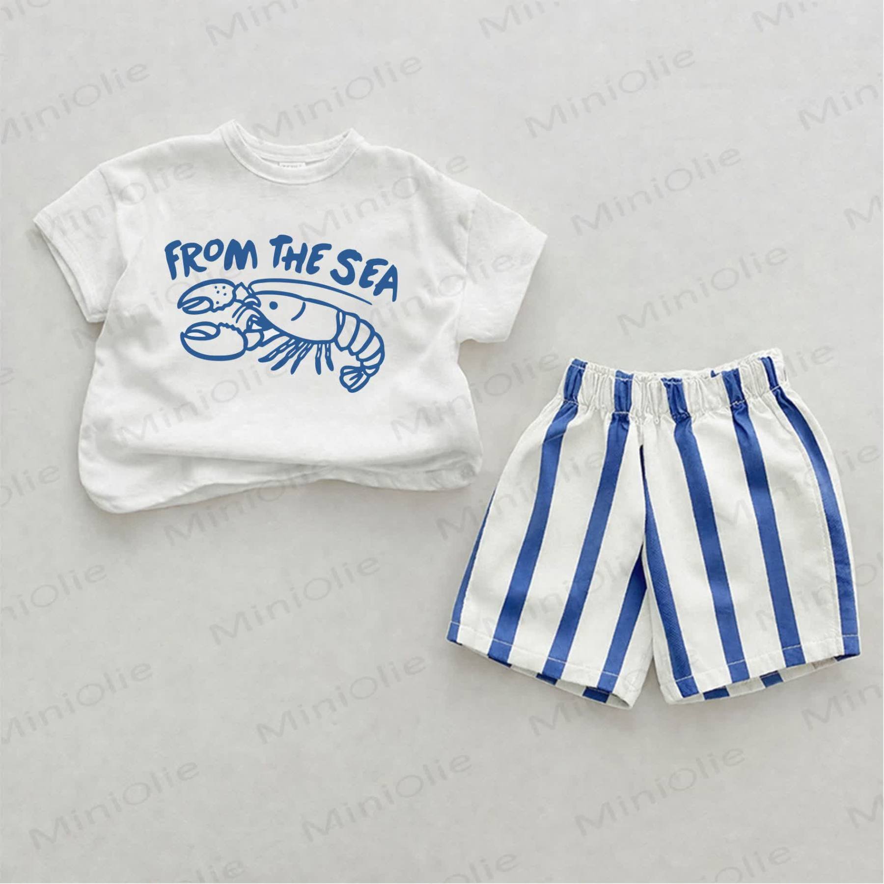FROM THE SEA Baby Lobster Print Blue Vertical Striped 2-piece Shorts Set - White&Blue - 2-3T - image 1