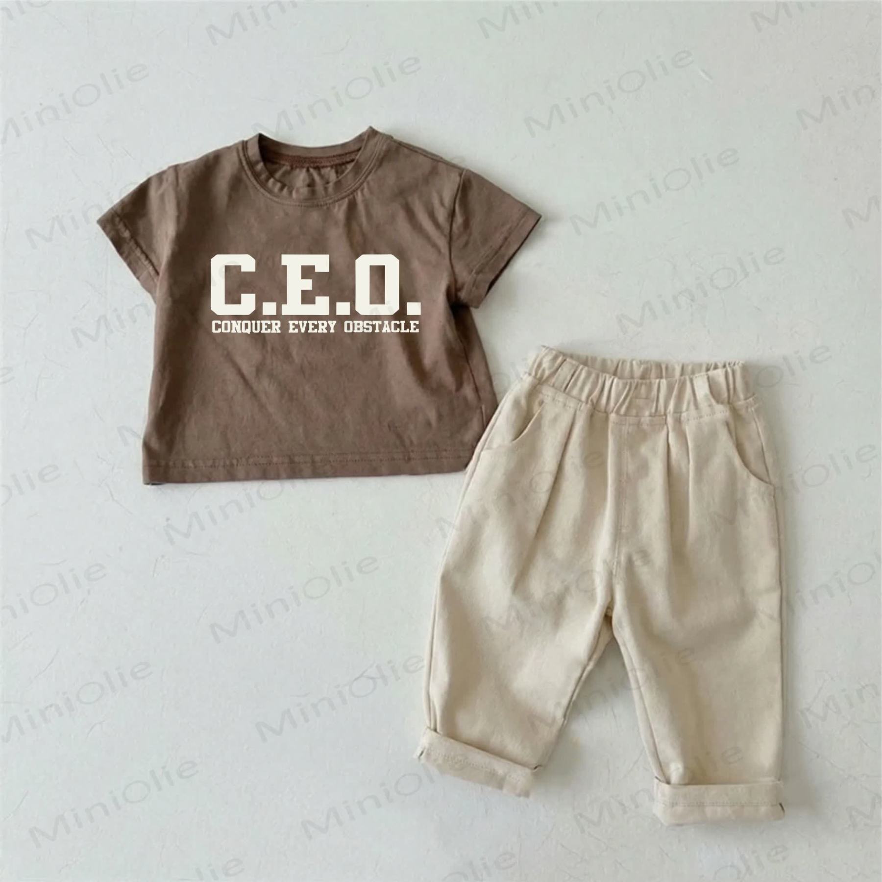 C.E.O. CONQUER EVERY OBSTACLE Baby Brown T-shirt and Beige Pants 2-piece Set - Brown - 2-3T - image 1