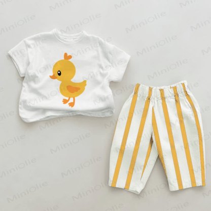 Baby Duck Print Yellow Vertical Striped 2-piece Set - White&Yellow - 2-3T - image 1