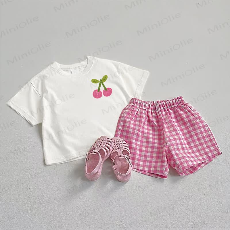 Baby Cherry Pink Tee and Plaid Shorts 2-Piece Set - White&Pink - 3-5T - image 1