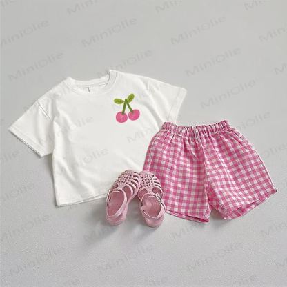 Baby Cherry Pink Tee and Plaid Shorts 2-Piece Set - White&Pink - 3-5T - image 1