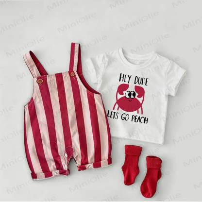 HEY DUDE LETS GO BEACH Baby Crab Print Red Stripe Overalls and White Tee 2-piece Set - White&Red - 2-3T - image 1