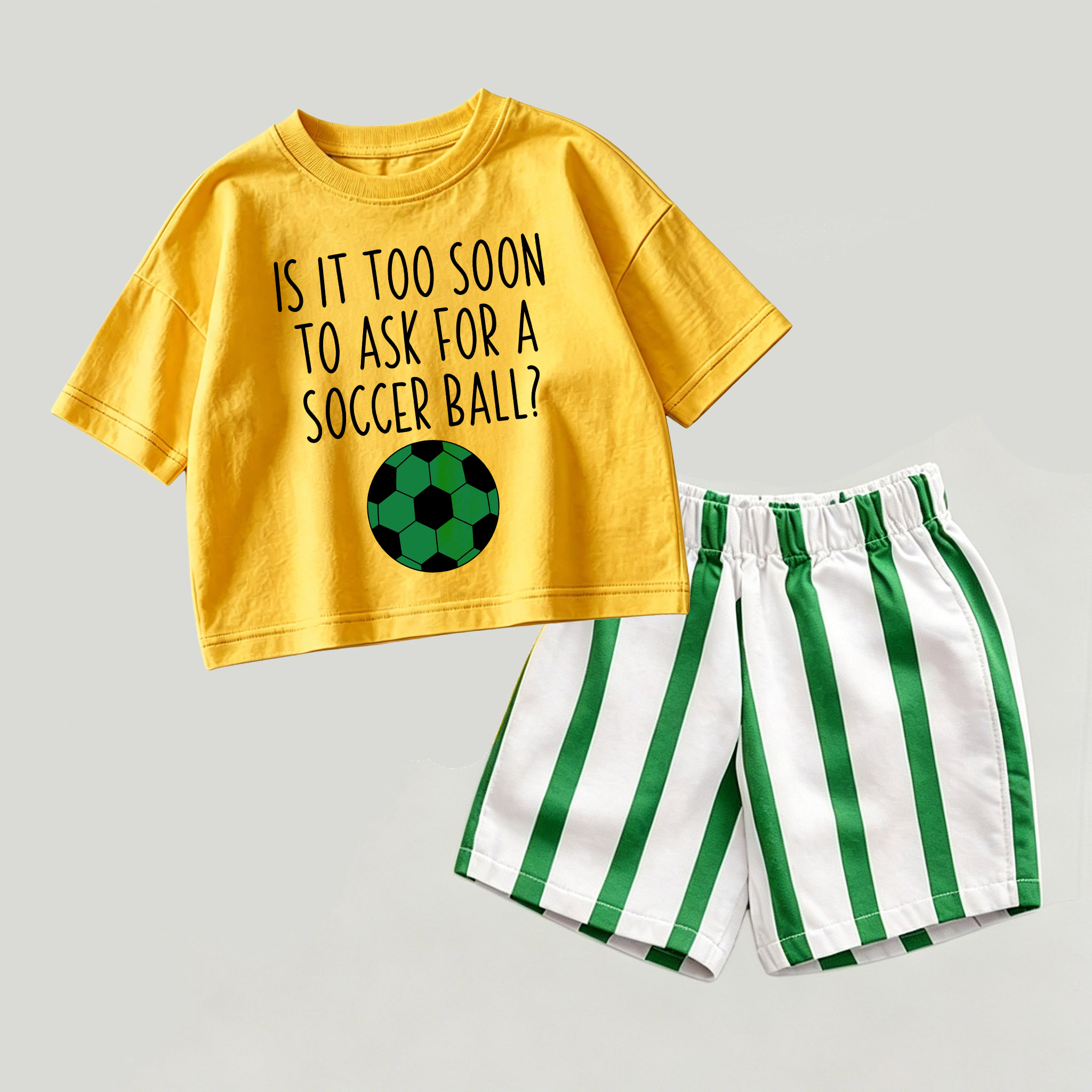 IS IT TOO SOON TO ASK FOR A SOCCER BALL? Baby Yellow&Green Top and Striped Shorts 2-piece Set - Yellow&Green - 2-3T - image 1