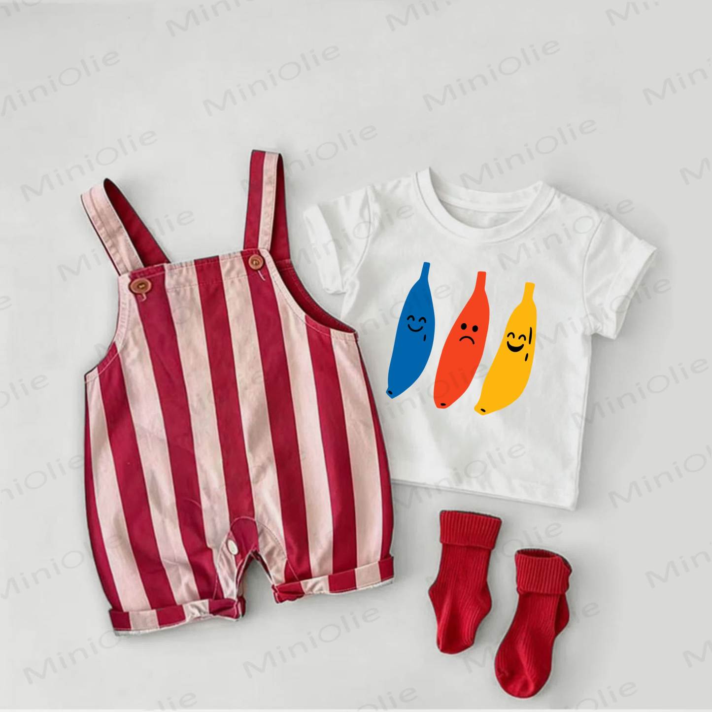 Baby Banana Print Red Stripe Overalls and White Tee 2-piece Set - White&Red - 2-3T - image 1