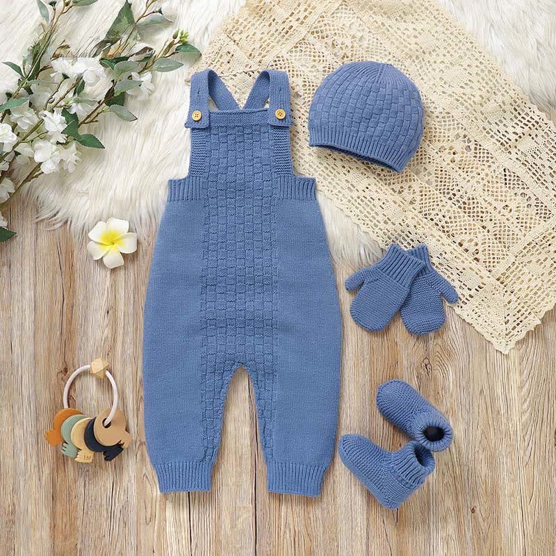Baby Solid Color Knit Romper with Hat Socks Gloves - Blue - 12-18M - image 4
