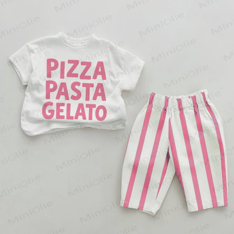 PIZZA PASTA GELATO Baby Girl Slogan Pink Vertical Striped 2-piece Set - White&Pink - 2-3T - image 1