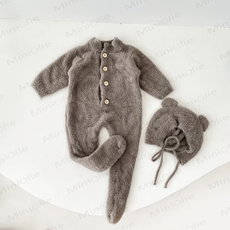 Baby Fleece Bear Ear Footed Romper with Hat - Gray - 2-3T - image 16