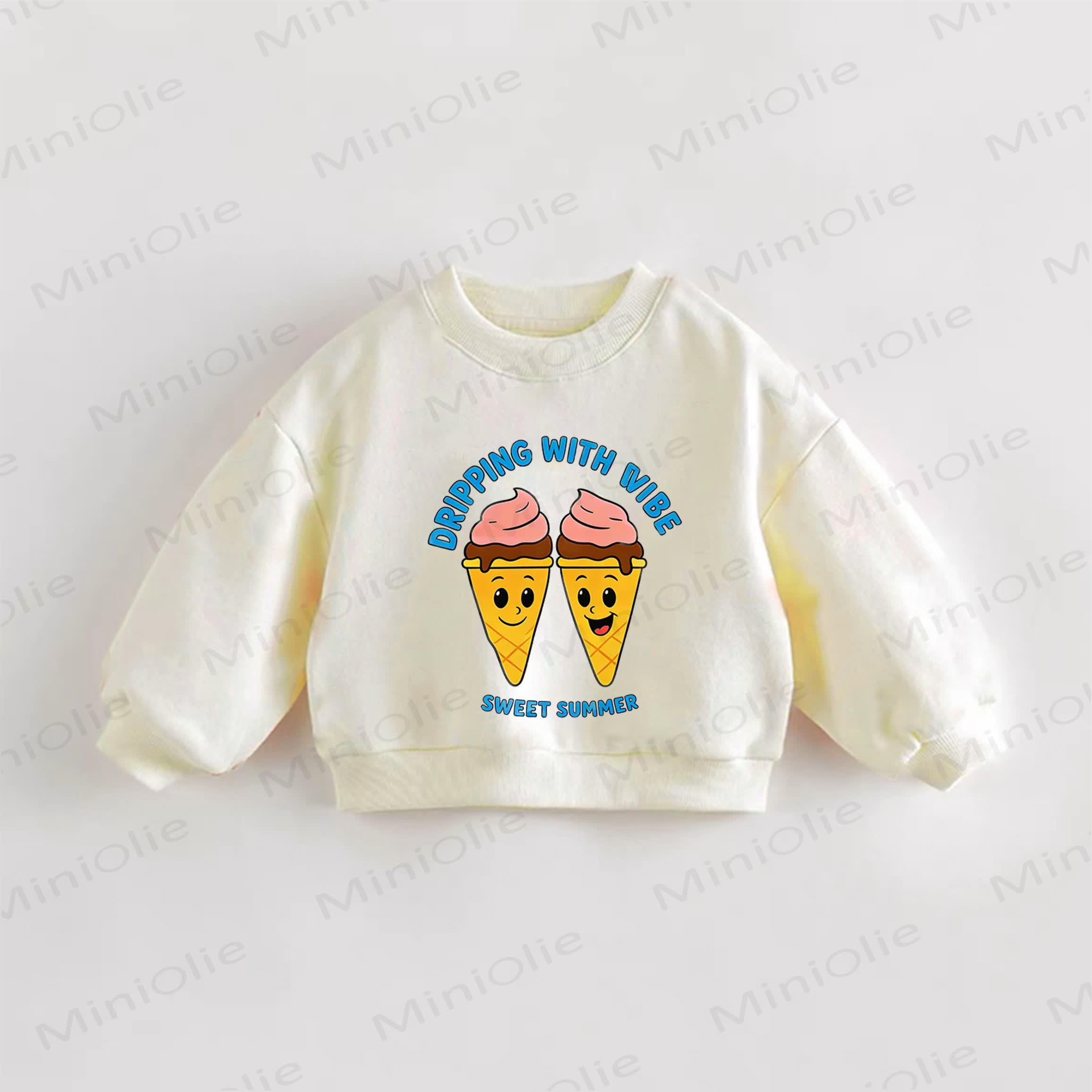 DRIPPING WITH VIBE SWEET SUMMER Baby Toddler Ice Cream Print Slogan Sweatshirt - Cream - 3-5T - image 1