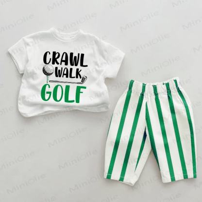 CRAWL WALK GOLF Baby Slogan Green Vertical Striped 2-piece Set - White&Green - 2-3T - image 1
