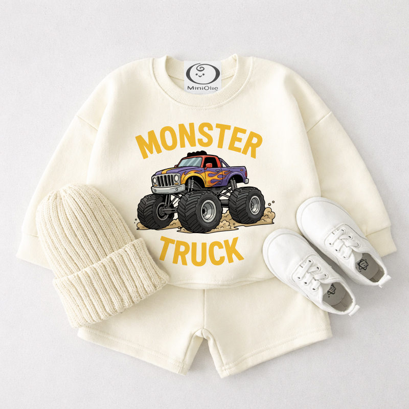 MONSTER TRUCK Baby Cream White Sweatshirt and Shorts 2-piece Set - Cream White - 3-4T - image 1