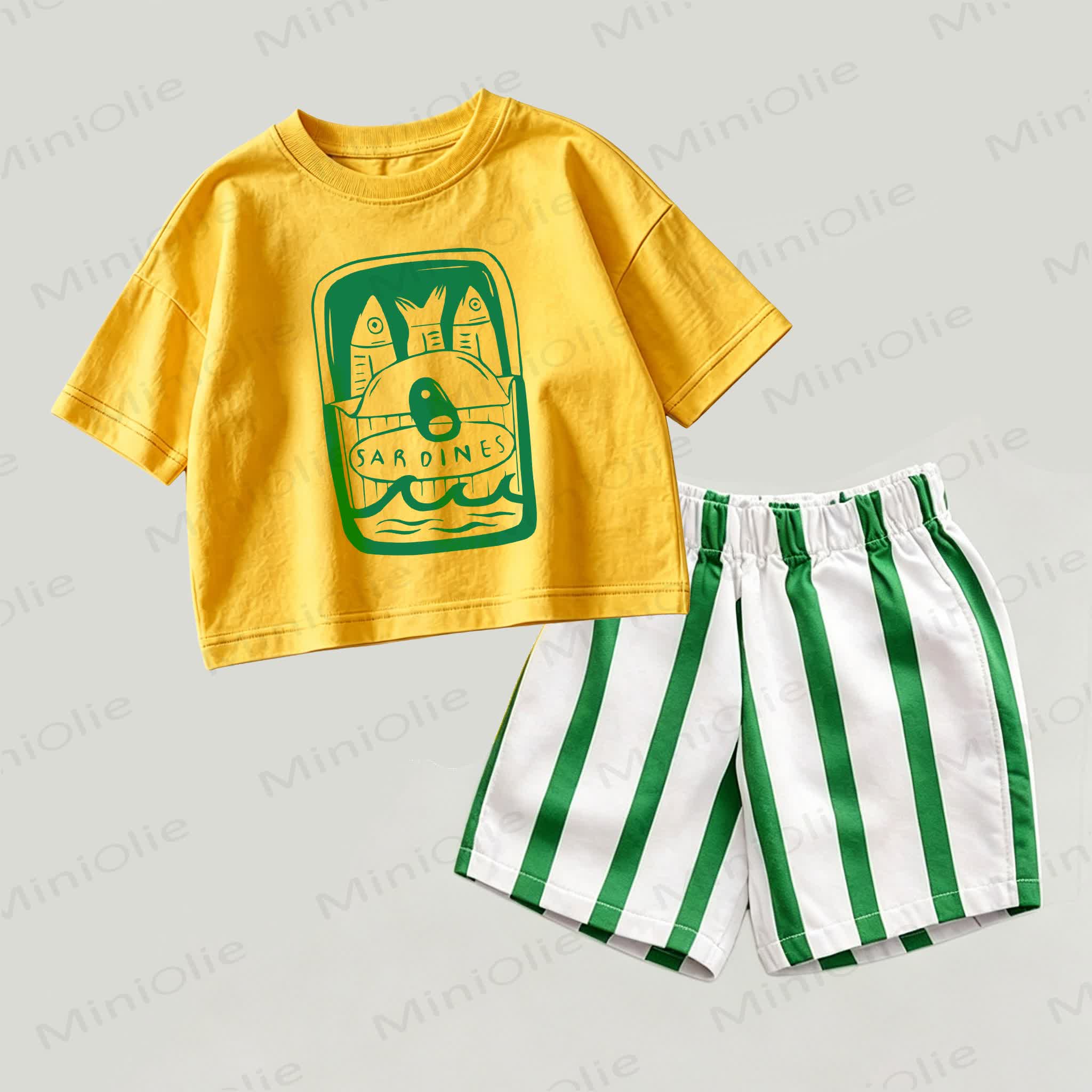 Baby Canned Sardines Yellow&Green Top and Striped Shorts 2-piece Set - Yellow&Green - 2-3T - image 1