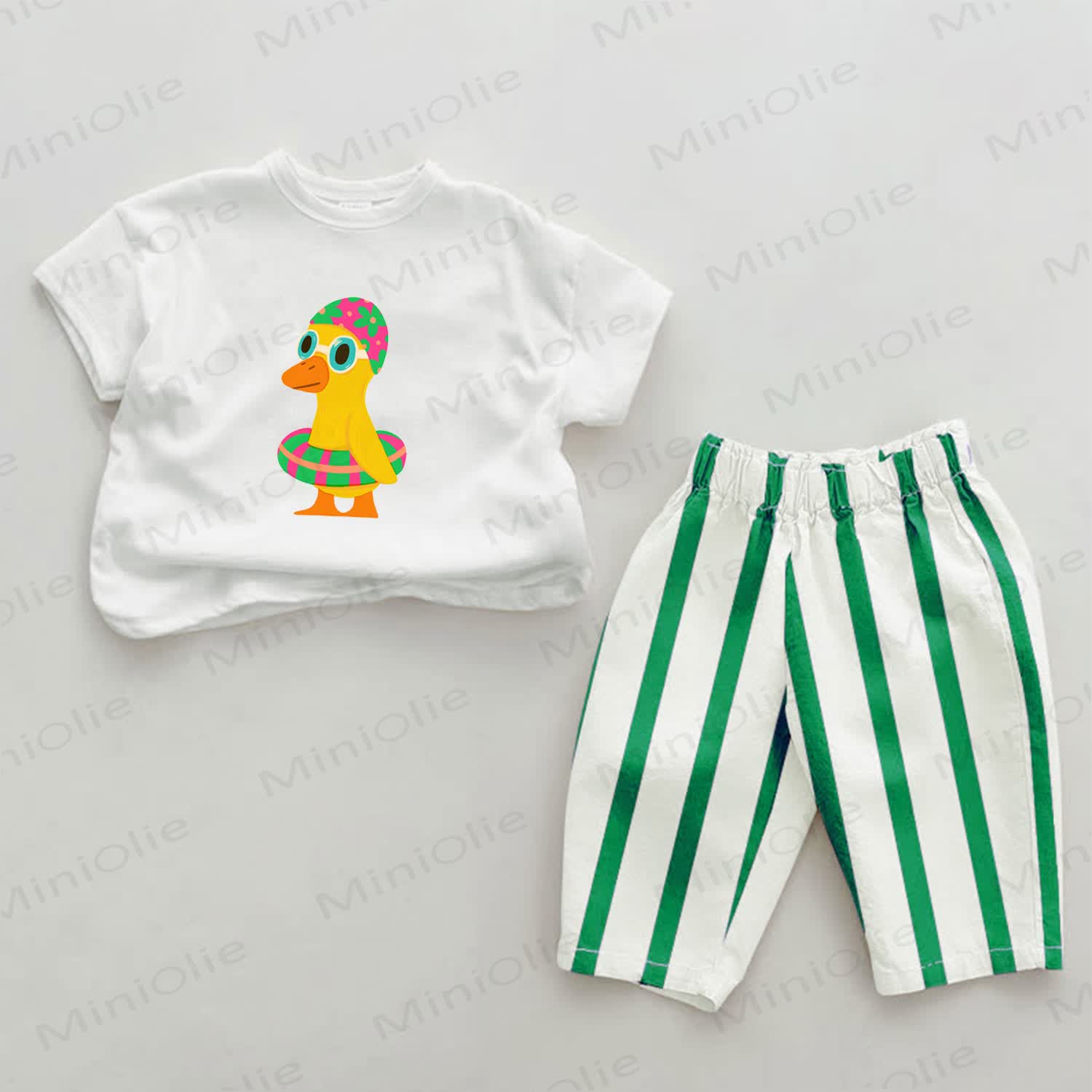 Baby Green Swimming Duck Vertical Striped 2-piece Set - White&Green - 2-3T - image 1