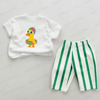Baby Green Swimming Duck Vertical Striped 2-piece Set - White&Green - 2-3T - image 1