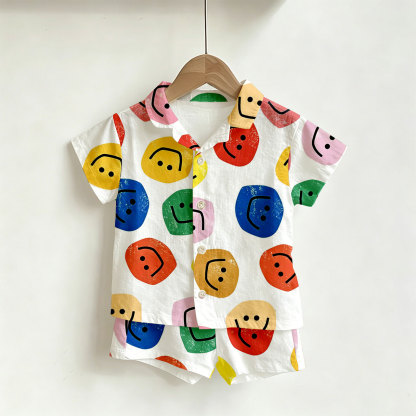 Toddler Boys Smile Face Print Shirt and Shorts 2-piece Set - White - 4-5T - image 1