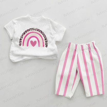 Baby Leopard Print Rainbow Pink Vertical Striped 2-piece Set - White&Pink - 2-3T - image 1