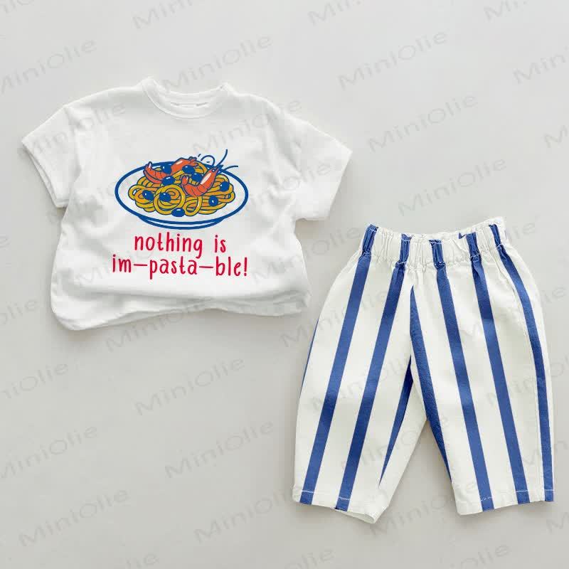 NOTHING IS IM-PASTA-BLE!  Baby Pasta Print Blue Vertical Striped 2-piece Set - White&Blue - 2-3T - image 1