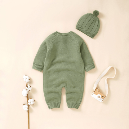 Baby Solid Color Knit Romper with Hat - image 4