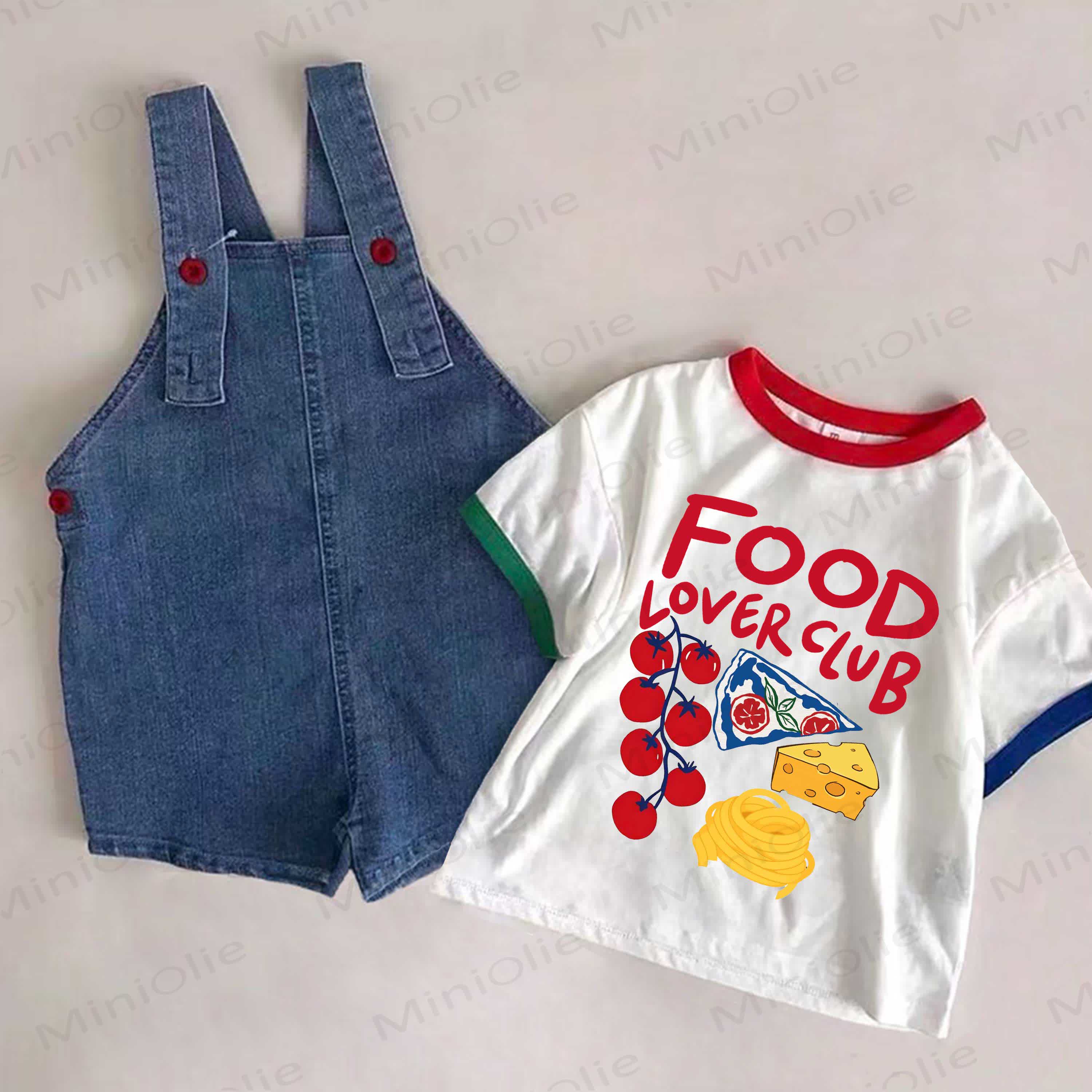 FOOD LOVER CLUB Baby Denim Blue Overalls and Food Print White Tee 2-piece Set - White&Blue - 2-3T - image 1