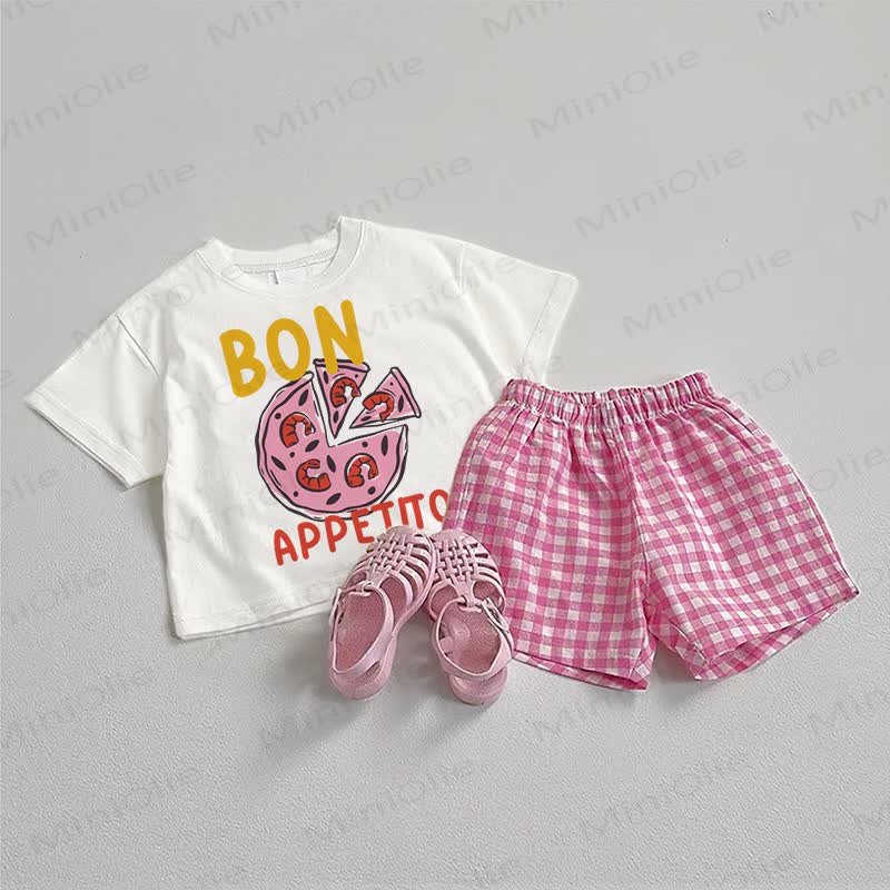 BON APPETITO Baby Pizza Tee and Pink Plaid Shorts 2-Piece Set - White&Pink - 3-5T - image 1