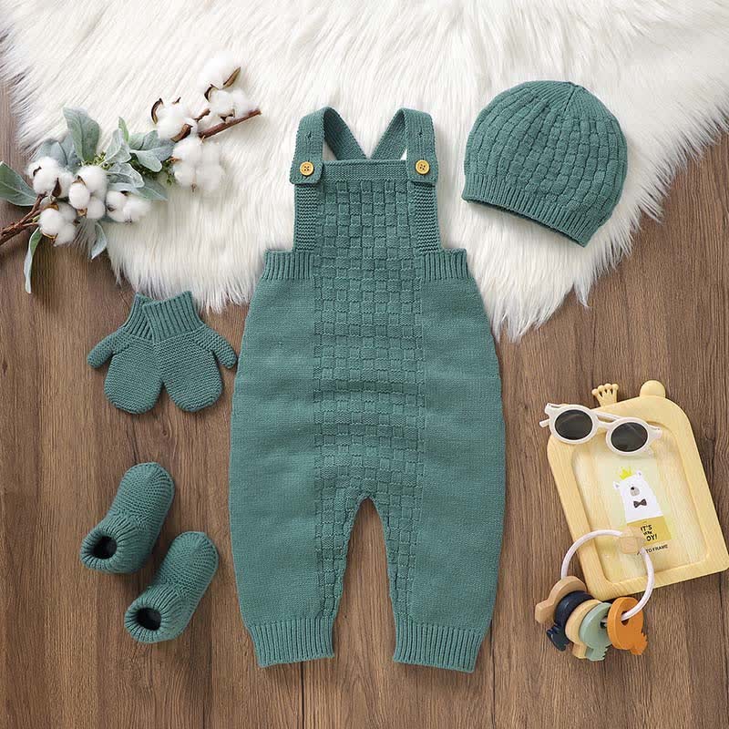 Baby Solid Color Knit Romper with Hat Socks Gloves - Green - 12-18M - image 6