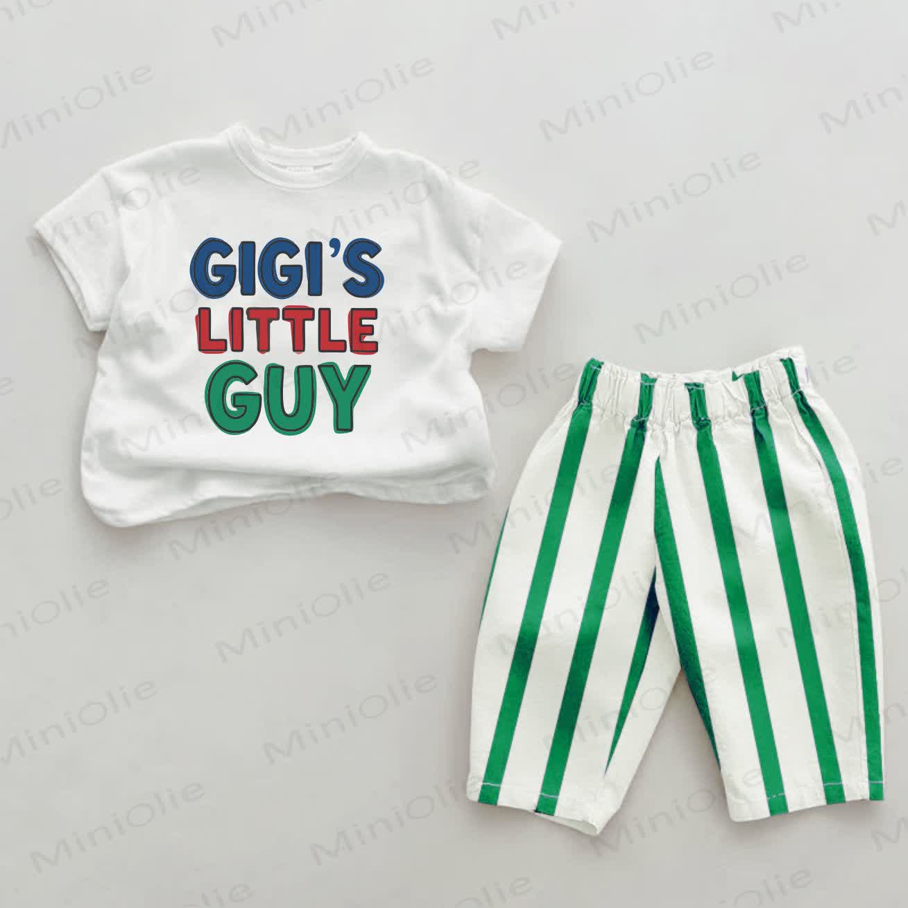 GIGI'S LITTLE GUY Baby Slogan Green Vertical Striped 2-piece Pants Set - White&Green - 2-3T - image 1