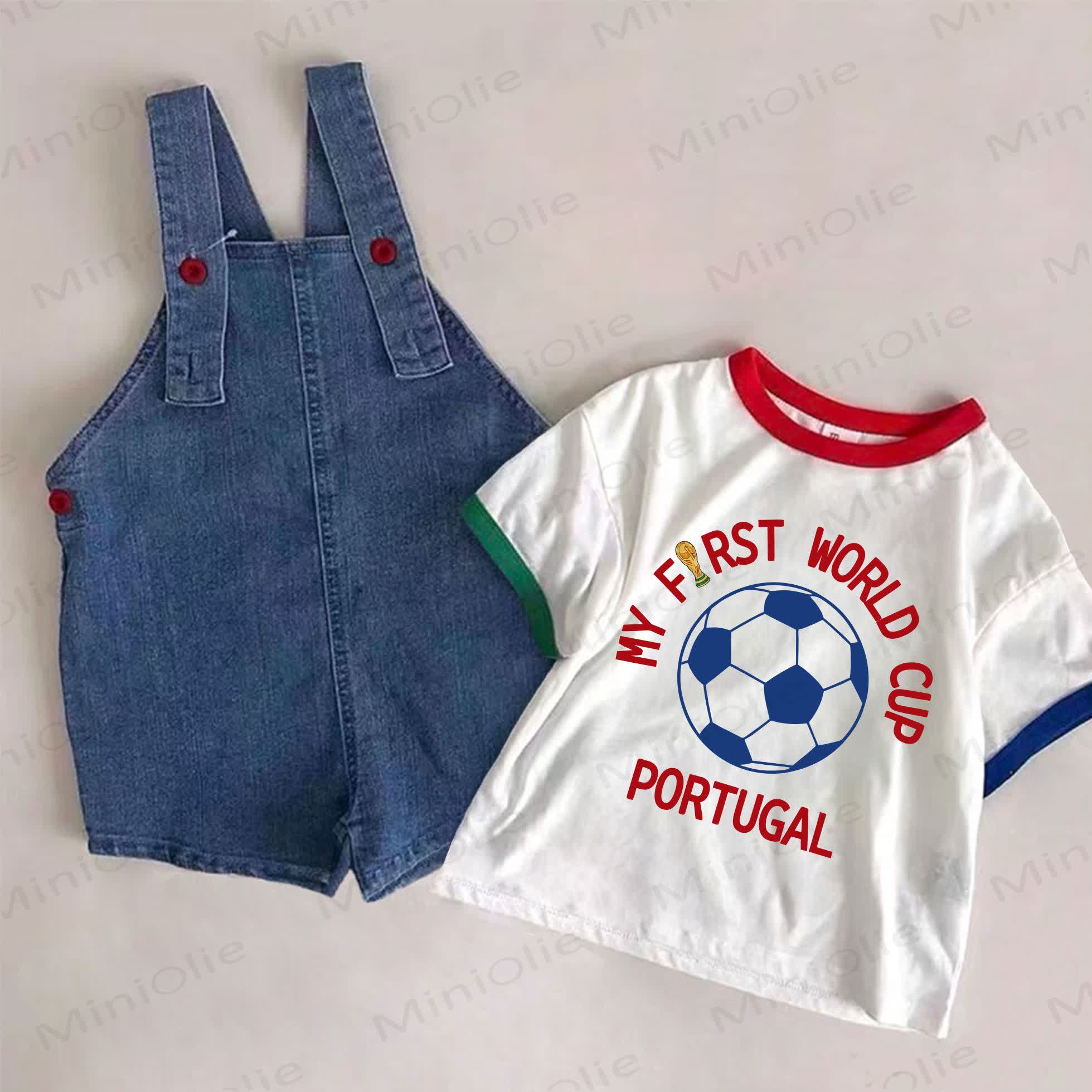 MY FIRST WORLD CUP PORTUGAL Baby Denim Blue Overalls and Football Print White Tee 2-piece Set - White&Blue - 2-3T - image 1