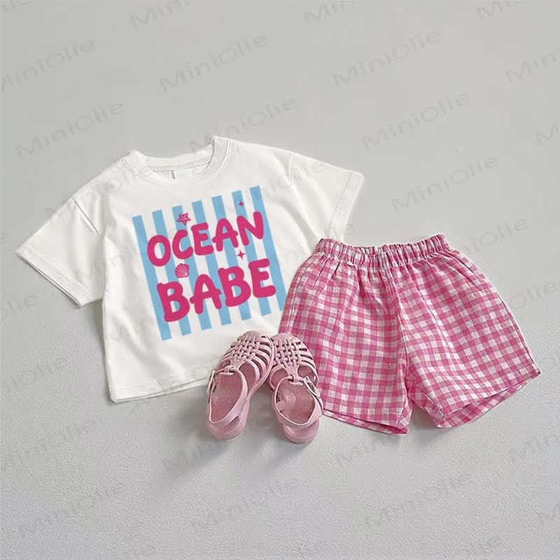 OCEAN BABE Baby Tee and Plaid Shorts 2-Piece Set - White&Pink - 3-5T - image 1