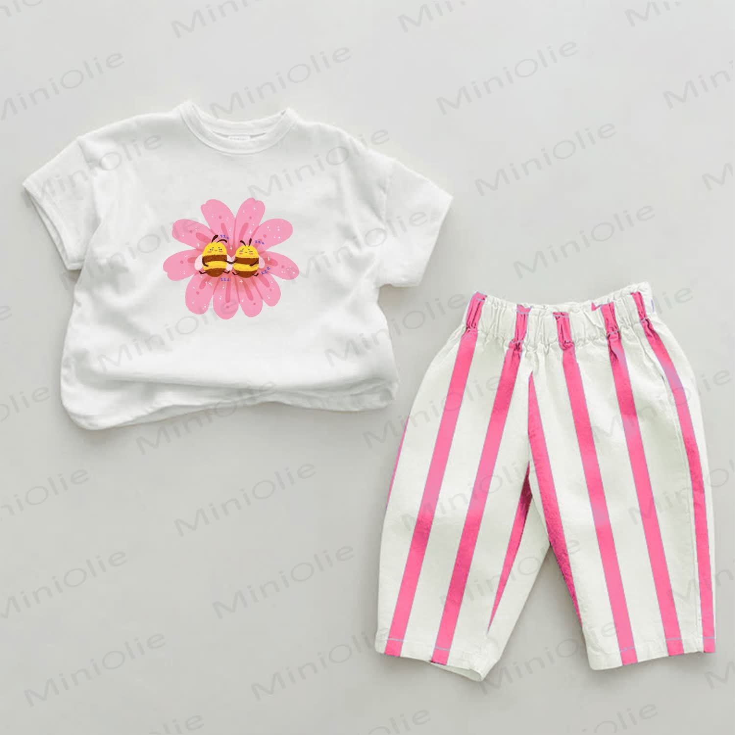 Baby Pink Bee Flower Vertical Striped 2-piece Set - White&Pink - 2-3T - image 1