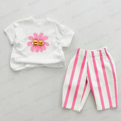Baby Pink Bee Flower Vertical Striped 2-piece Set - White&Pink - 2-3T - image 1