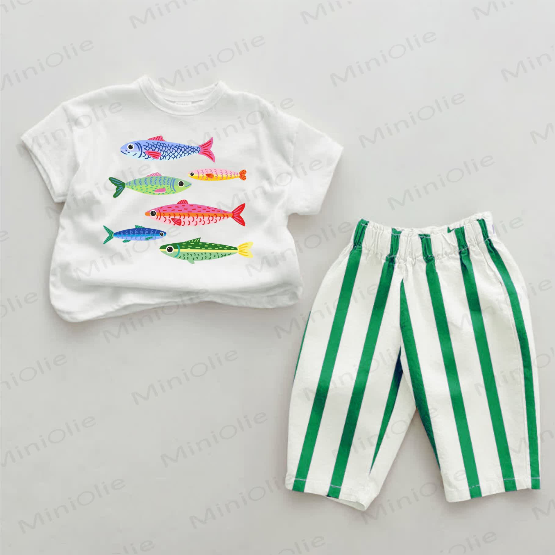 Baby Green Sardines Vertical Striped 2-piece Set - White&Green - 2-3T - image 1