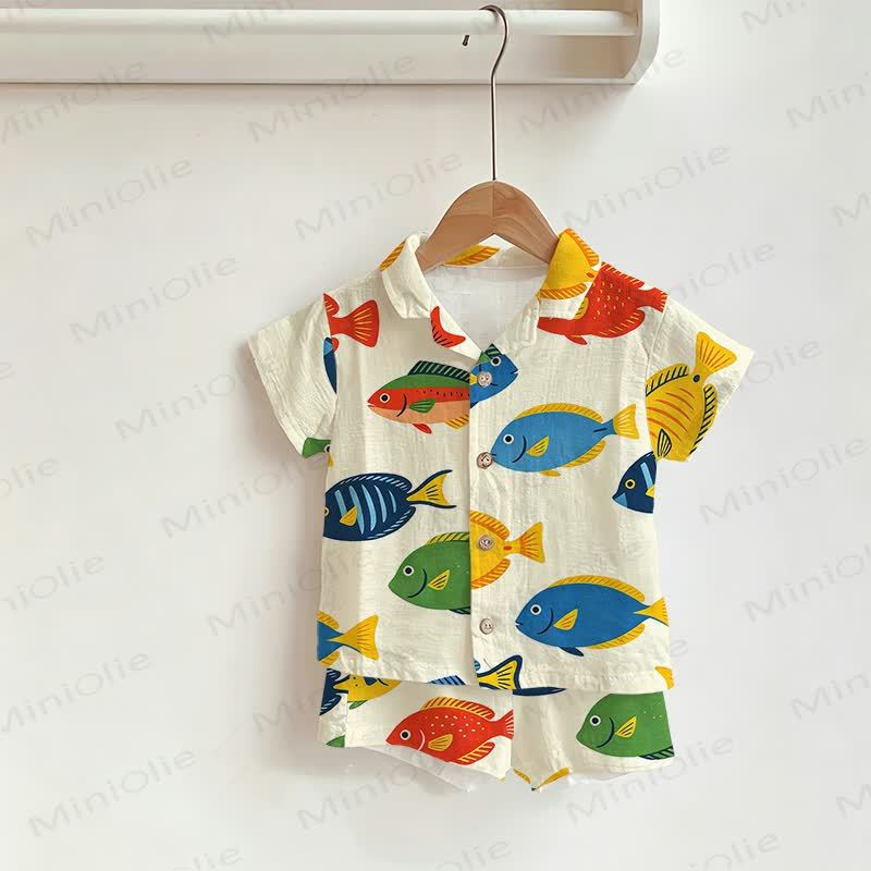 Baby Toddler Colorful Fish Shirt and Shorts 2-piece Set - Beige - 3-5T - image 1