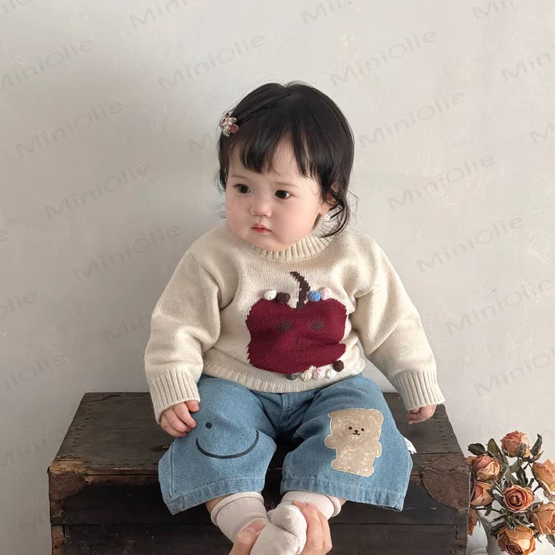 Baby Toddler Girl Knit Apple Sweater & Smiley Bear Denim Pants  - image 4