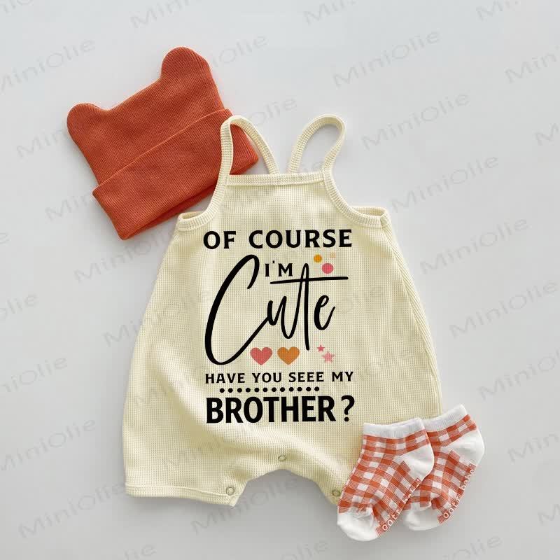 OF COURSE I'M CUTE HAVE YOU SEEN MY BROTHER? Baby Waffle Suspenders Romper - Beige - 18-24M - image 1