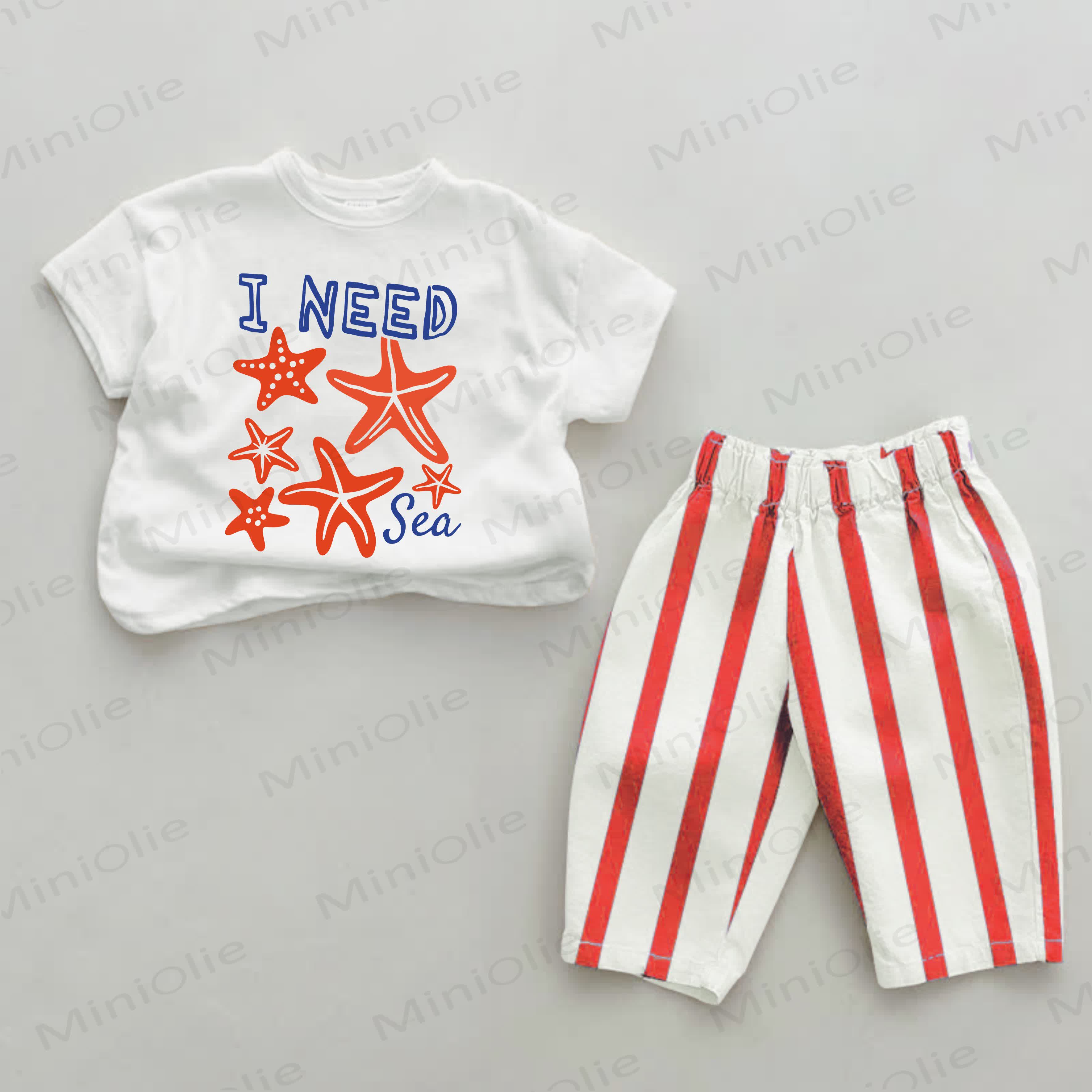 I NEED SEA Baby Starfish Print Red Striped 2-piece Set - White&Red - 2-3T - image 1