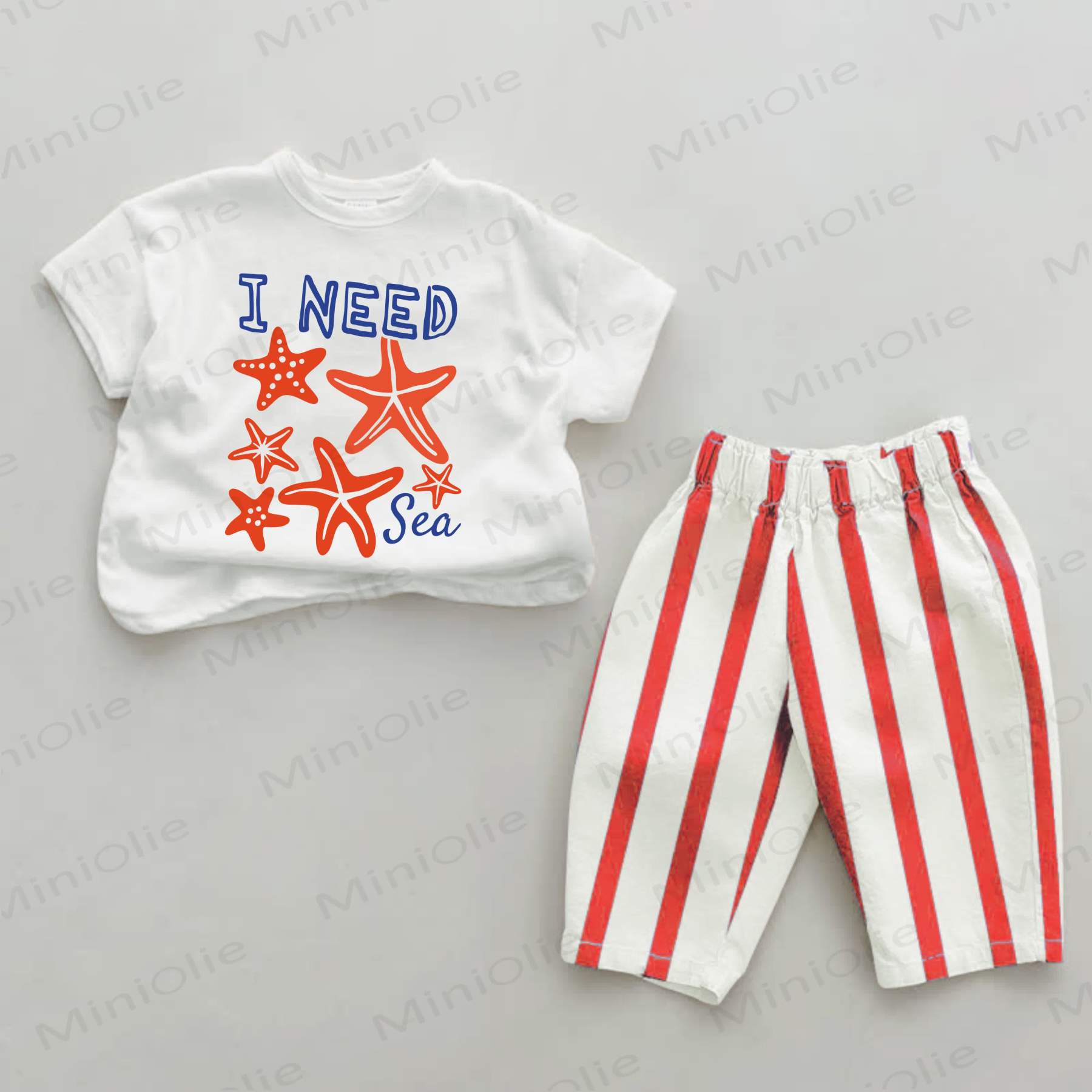 I NEED SEA Baby Starfish Print Red Striped 2-piece Set - White&Red - 2-3T - image 1