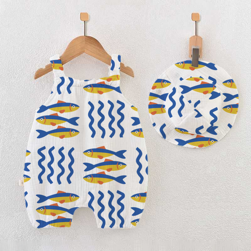 Baby White Sardines Print Romper with Hat - White - 18-24M - image 1