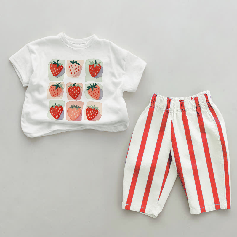 Baby Nine-grid Strawberry Red Vertical Striped 2-piece Set - White&Red - 2-3T - image 1