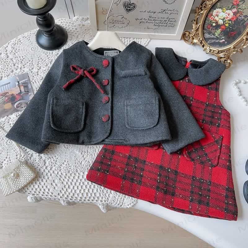 Toddler Girl Bow Plaid Sleeveless Dress & Grey Outerwear - image 4