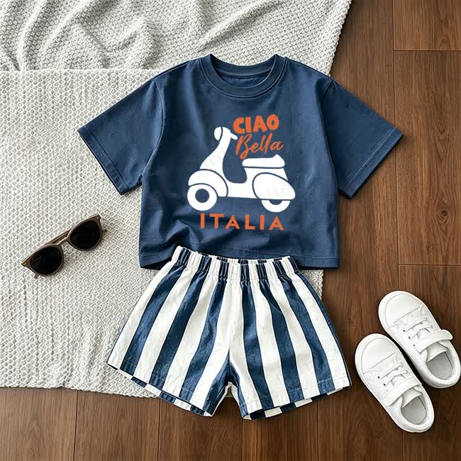 CIAO BELLA  ITALIA  Baby Tee and Striped Shorts 2-Piece Set - Blue - 3-5T - image 1