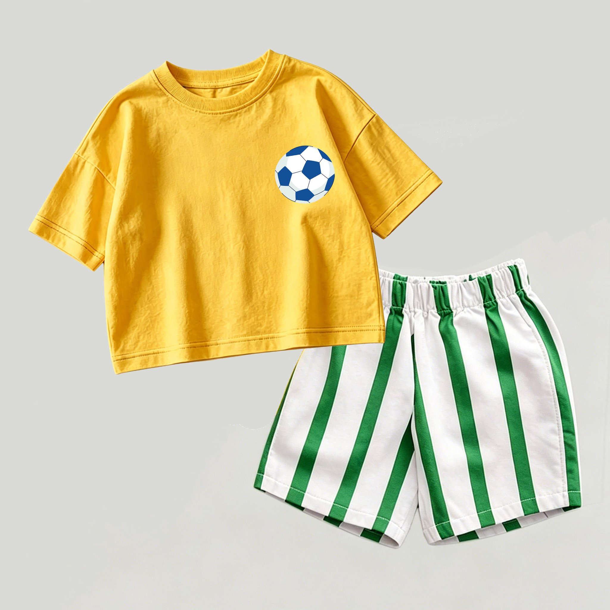 Baby Yellow&Green Football Top and Striped Shorts 2-piece Set - Yellow&Green - 2-3T - image 1
