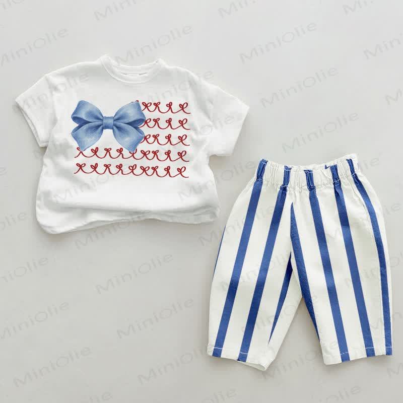 Baby Blue Bows Print Vertical Striped 2-piece Set - White&Blue - 2-3T - image 1